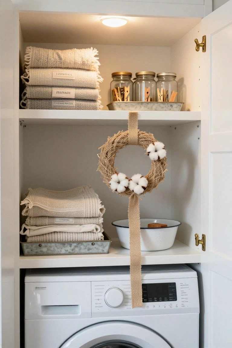 Open white cabinet above a white washing machine, showing stacked beige fringed towels, glass jars with wooden clothespins, a metal tray with towels, and a burlap wreath with white cotton bolls hanging from a jute ribbon.