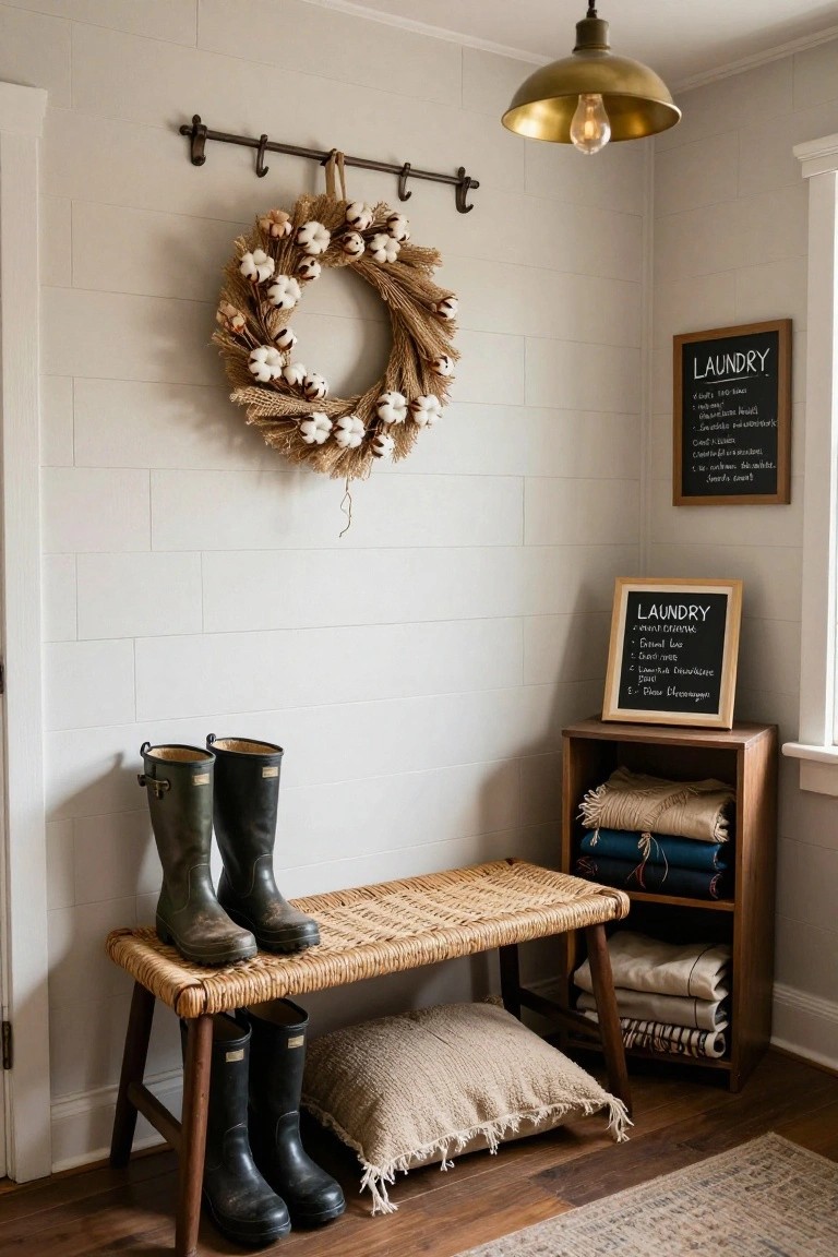 White shiplap wall in a laundry room corner with a burlap wreath featuring wheat and cotton bolls hanging from a black iron rail, green rubber boots on a wicker bench, wooden shelf holding folded blankets and linens, two chalkboard signs labeled Laundry, and hardwood floor with rug.