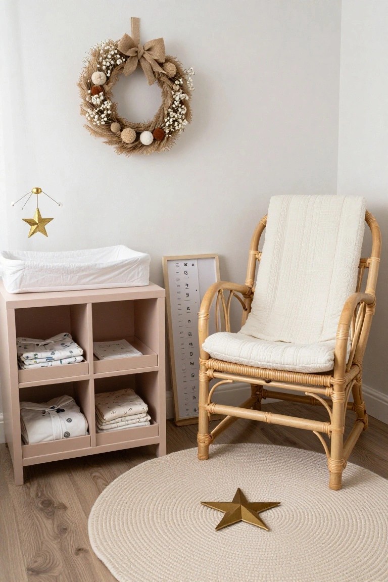 Nursery corner with burlap wreath of dried grasses, white flowers, and pom poms on wall above white changing table on pink shelving unit stocked with baby clothes and blankets, beige rattan rocking chair with white cushions and throw, growth chart frame, hanging gold star mobile, white round rug with gold star on light wood floor.