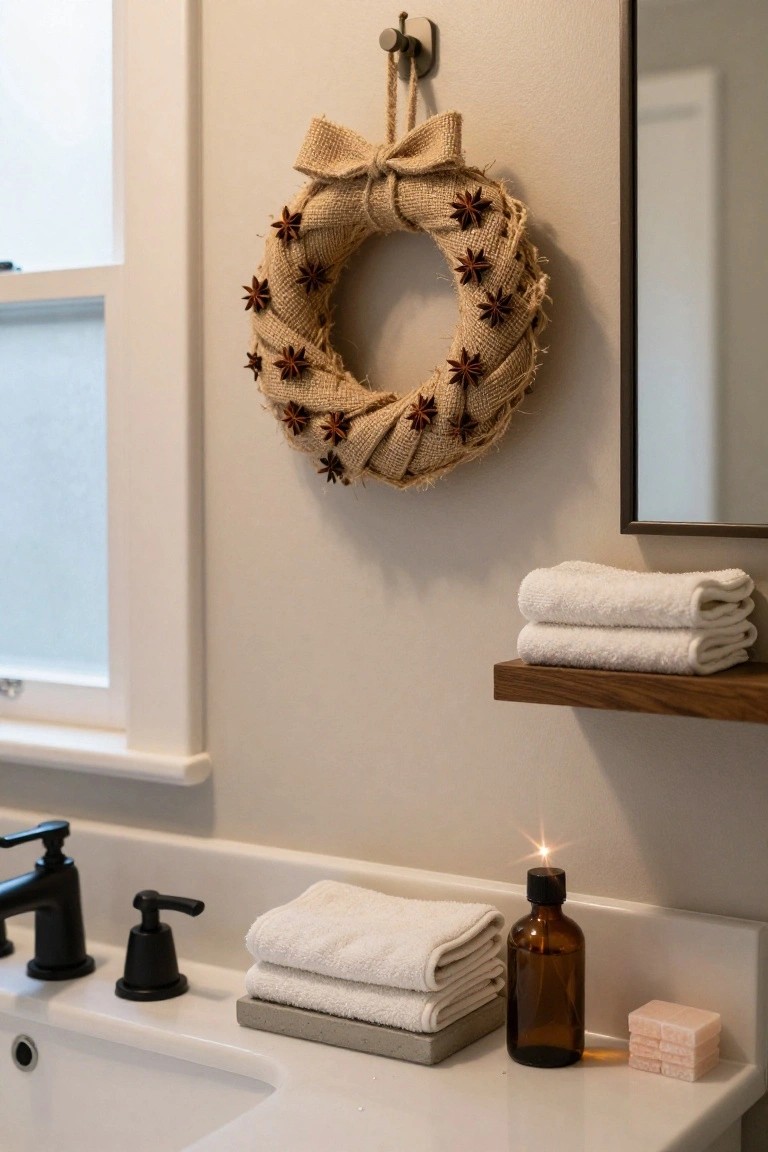 Burlap wreath decorated with star anise hangs on a wall hook above a bathroom vanity with black faucet, stacked white towels, lotion bottle, and soap bars, next to a wood shelf and mirror.