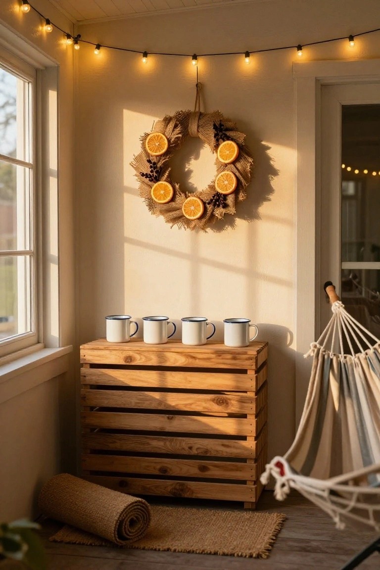 Burlap wreath decorated with dried orange slices, pinecones, and wheat hangs on a white wall above a wooden crate shelf holding four white enamel mugs with blue rims, next to a hanging hammock in a porch corner with string lights and a rolled seagrass rug on the wood floor.