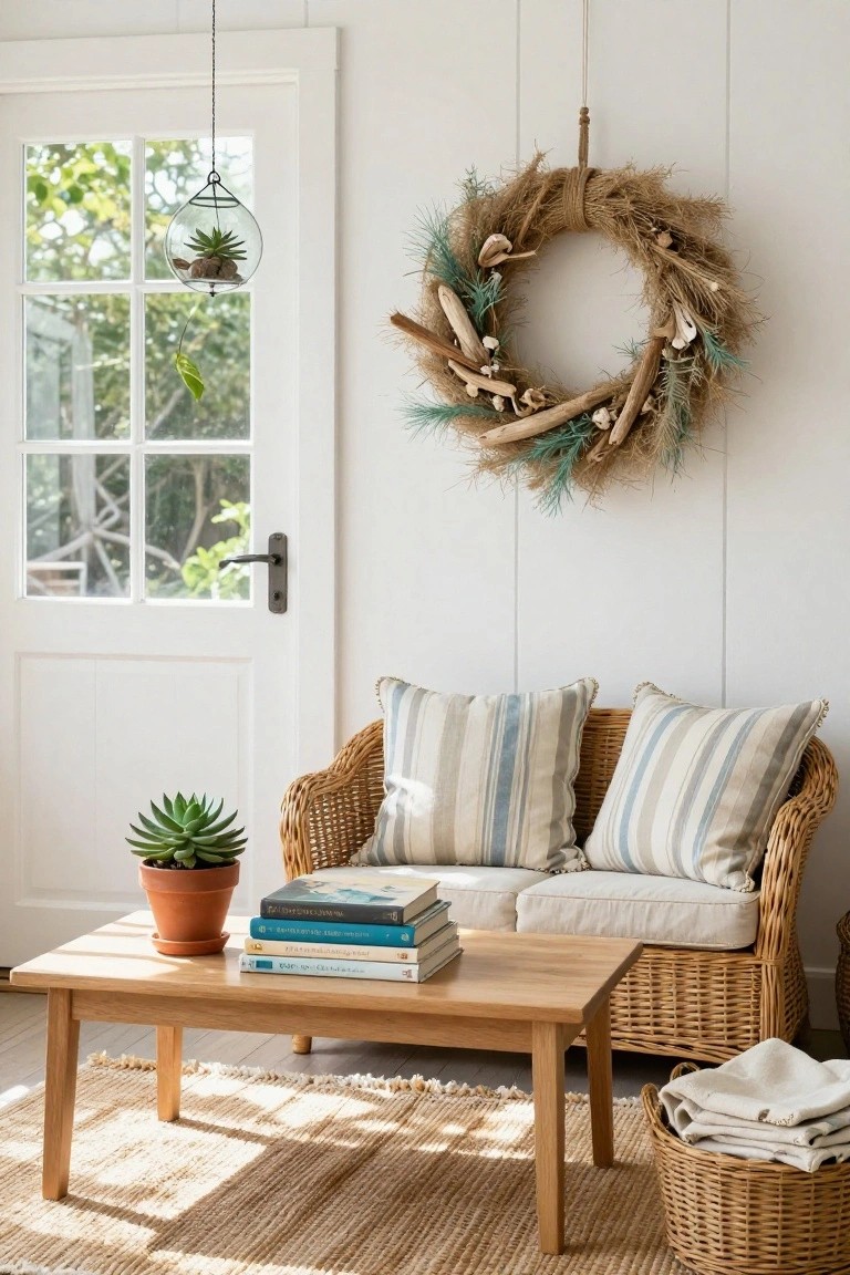 White shiplap interior wall with a large burlap Christmas wreath featuring driftwood and shells, beside a glass door, wicker loveseat with striped cushions, wooden coffee table with stacked books, potted succulents, and woven baskets on a seagrass rug.