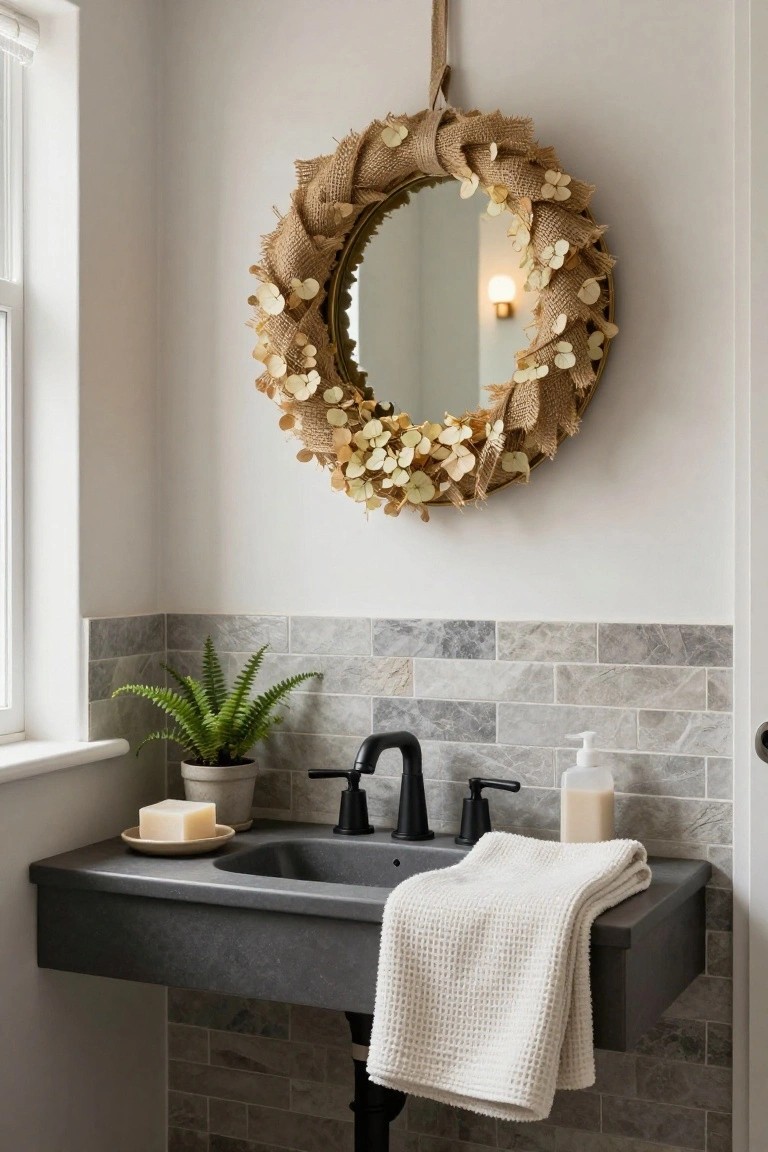 A round gold-framed mirror wrapped in burlap and dried flowers hangs on a white wall above a black wall-mounted sink, with gray subway tile backsplash, a white towel, potted plant, and soap dish in a bathroom.