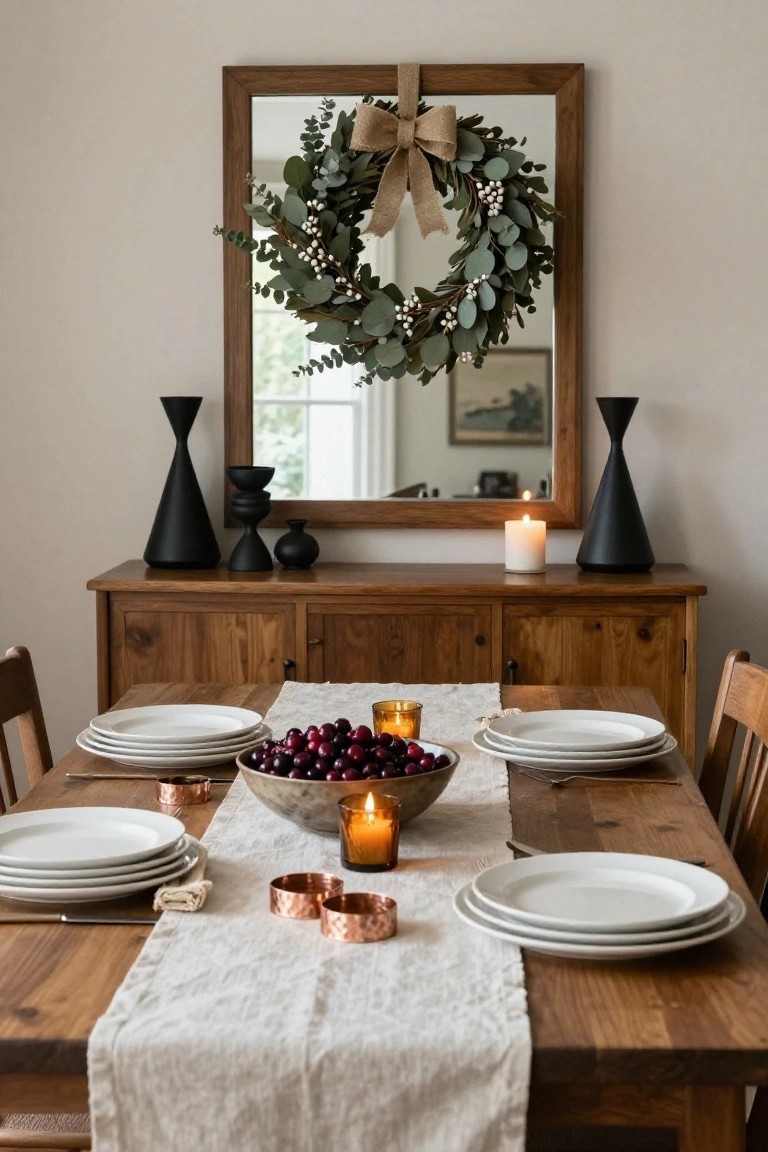 Dining room with wooden table set with stacked white plates, bowl of red cherries, copper rings, and candles; wooden buffet with black vases and candle; wood-framed mirror above holding eucalyptus wreath with burlap bow.