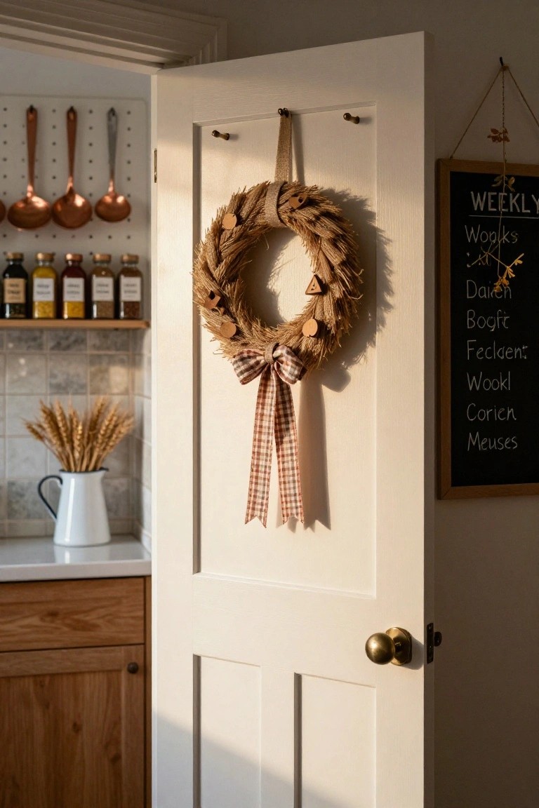 White interior door in a kitchen adorned with a burlap wreath featuring wheat stalks, wood shapes, and a plaid bow, next to copper cookware on a pegboard and a chalkboard menu.