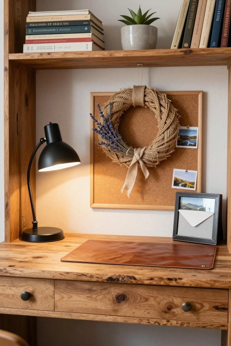 Rustic home office desk made of wood with leather blotter and black adjustable lamp, corkboard on wall displaying burlap wreath with lavender and pinned photos, wooden bookshelves with books and potted plant above.