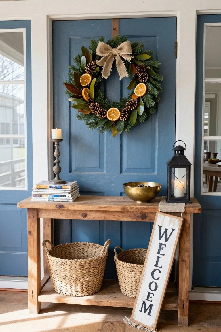 Blue front door with glass panels decorated by a Christmas wreath of burlap bow, evergreen, magnolia leaves, pinecones, and dried orange slices, next to a wooden console table with stacked books, brass bowl, candles, black lantern, wicker baskets, and a white 