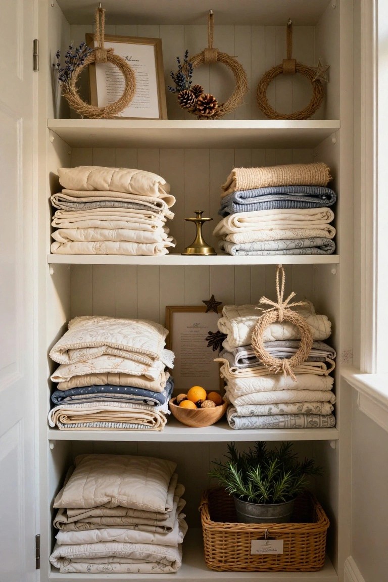 Open white wooden linen closet with three shelves holding neatly folded white and neutral quilts and linens, small burlap wreaths hanging from shelf edges, pinecones, oranges in a wooden bowl, and a potted rosemary plant in a wicker basket at the bottom.