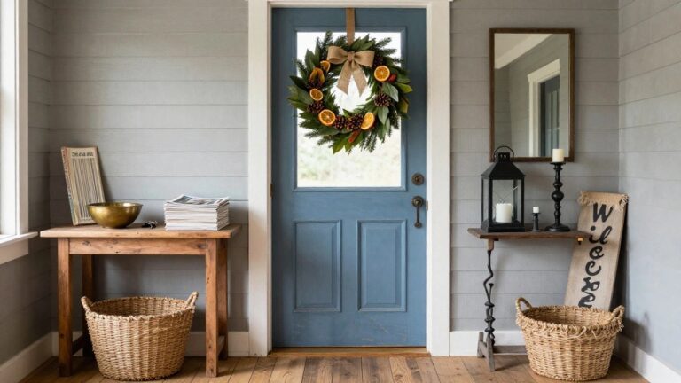Blue front door with glass panels decorated by a Christmas wreath of burlap bow, evergreen, magnolia leaves, pinecones, and dried orange slices, next to a wooden console table with stacked books, brass bowl, candles, black lantern, wicker baskets, and a white "Welcome" sign leaning on it.