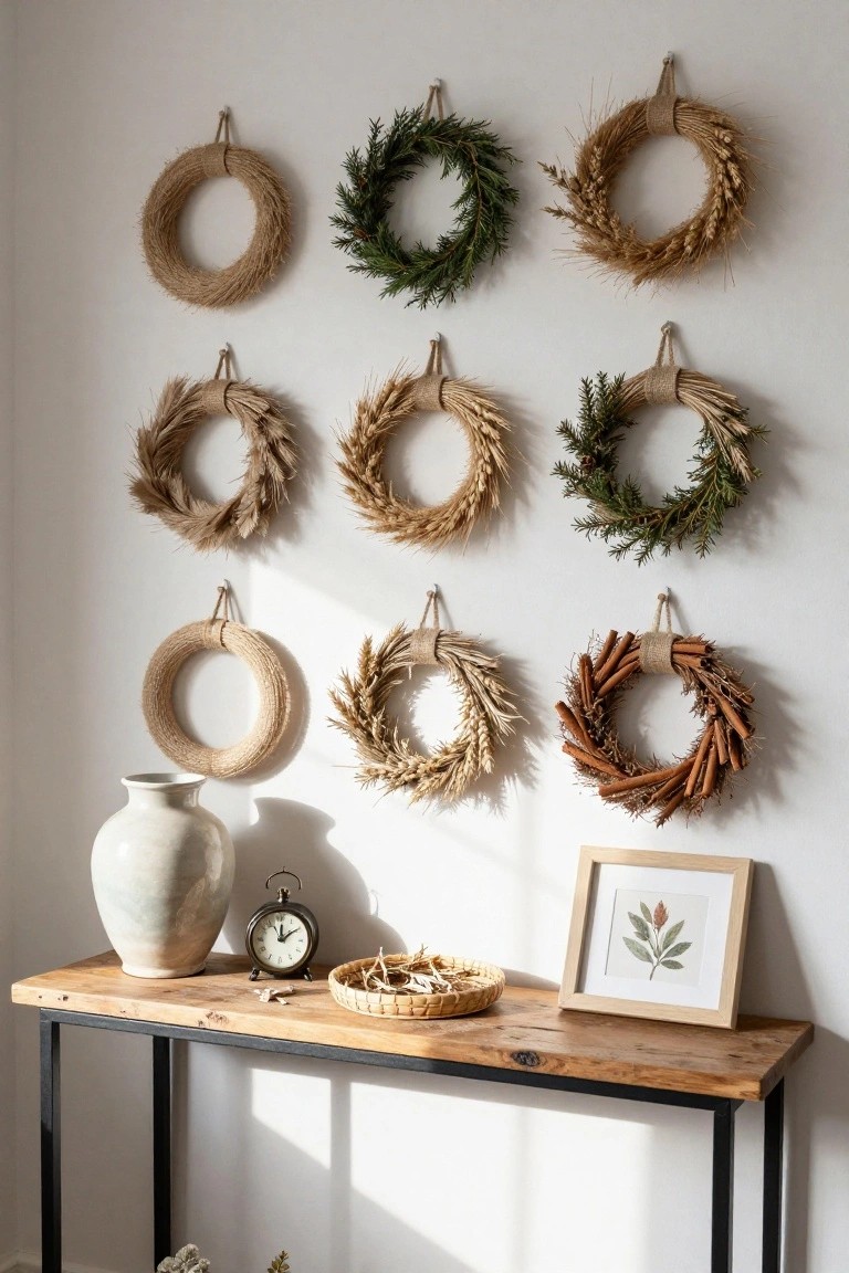 Nine assorted burlap wreaths in rope, wheat, evergreen, and cinnamon styles hang in rows on a white wall above a rustic wooden console table with a white vase, clock, woven basket, and framed botanical print.