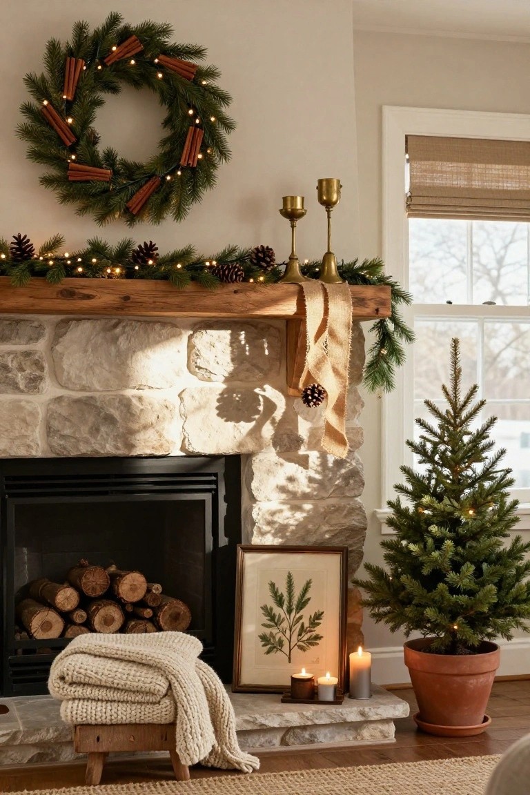 Stone fireplace with wooden mantel decorated for Christmas using tan burlap ribbon, evergreen garland, pinecones, gold candlesticks, stacked firewood, candles, a knit blanket on a stool, framed botanical art, and a small potted Christmas tree nearby in a light-filled room.