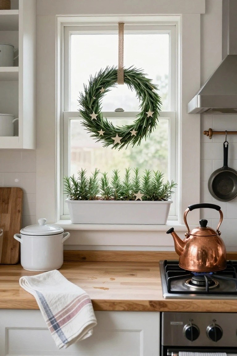 Burlap-wrapped rosemary Christmas wreath with star ornaments hanging in front of a kitchen window above a white planter box of rosemary plants, with a copper kettle on the gas stove and wooden countertop nearby.