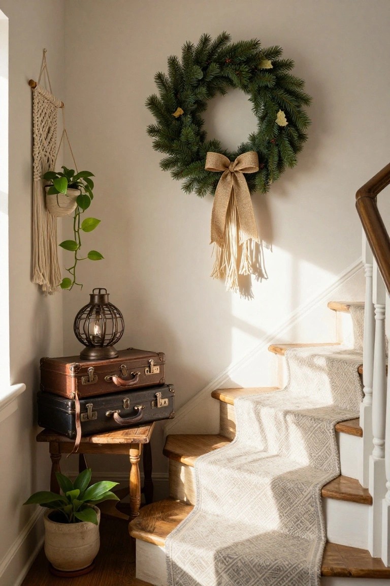 Rustic Burlap Wreath by the Stairs