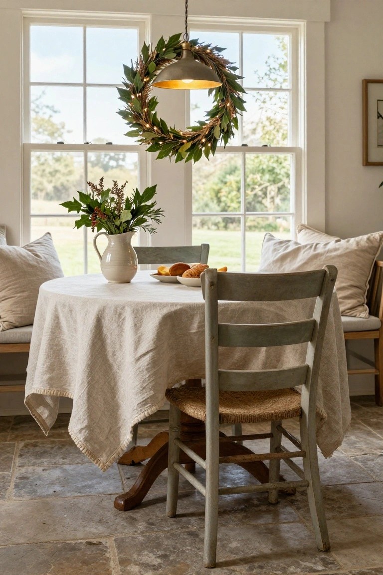 Kitchen nook with linen-draped round table, wooden chairs and cushioned bench, white vase of greenery and flowers, plates of oranges and croissants, large windows showing trees outside, and green lit wreath hanging on brass pendant light above the table.