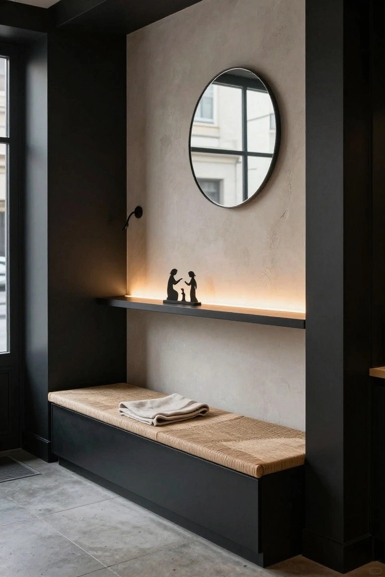 Wall niche in a modern interior with a floating black shelf holding silhouetted nativity figures illuminated by warm backlighting, a round mirror mounted above, a wall lamp nearby, and a cushioned rattan bench below on a concrete floor.
