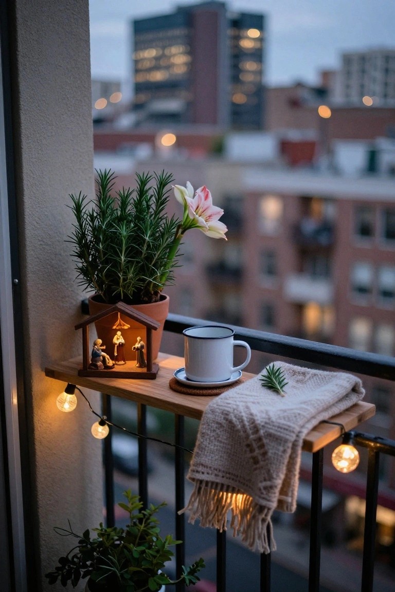 Wooden shelf on a balcony railing holding a lit Nativity scene, potted rosemary plant with pink flower, white mug on saucer, knitted beige blanket, and warm string lights, with blurred city buildings at dusk in the background.