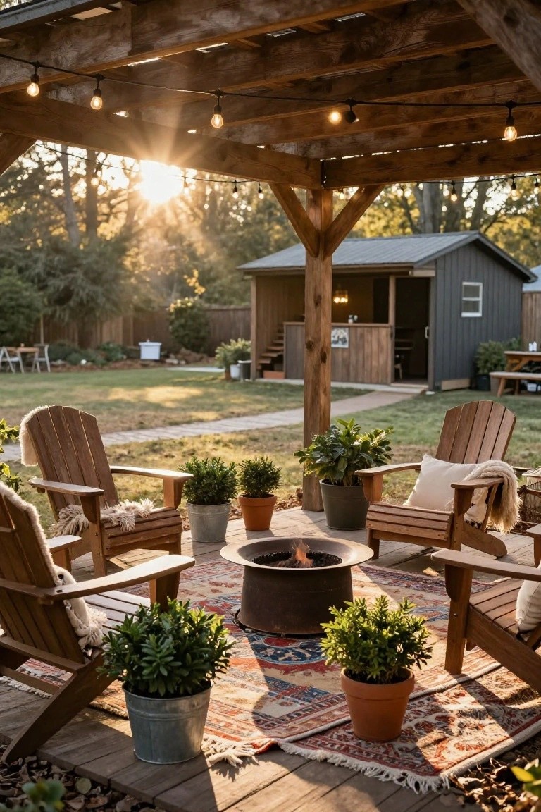 Wooden pergola-covered deck with Adirondack chairs in a circle around a burning metal fire pit on a colorful outdoor rug, potted plants nearby, string lights overhead, and backyard grass and shed in the background.
