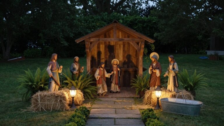 22 Classic Nativity Scene Christmas Light Ideas That Honor Tradition Beautifully Wooden pergola sheltering nativity figures including Mary, Joseph, baby Jesus, shepherd, donkey, and ox on a table, with ferns, hay bales, lanterns, and garden plantings on a paved patio area at dusk.