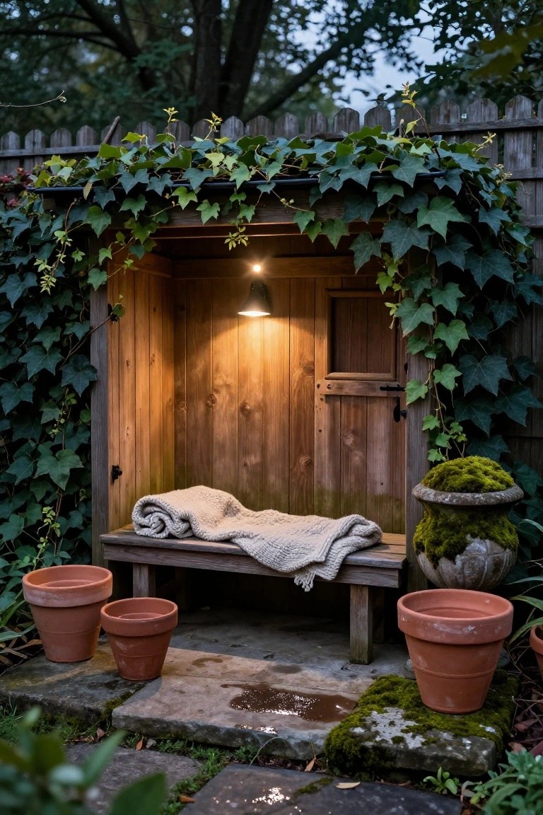 Wooden outdoor alcove covered in green ivy with a bench draped in a gray blanket inside, lit by a hanging black lamp, flanked by terracotta pots and a mossy stone planter on stone pavers.