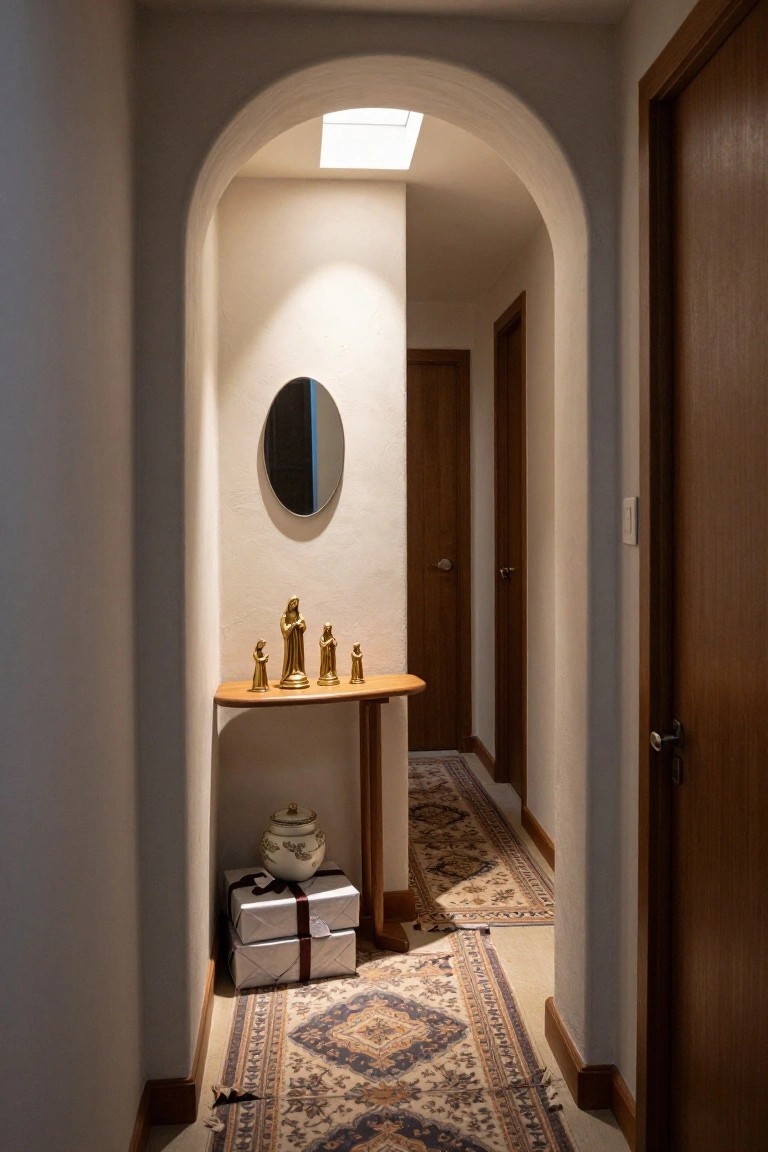 Narrow beige hallway with arched doorway, wood doors, oval black-framed mirror on wall, console table with gold nativity figures, white vase, and stacked wrapped gifts underneath, patterned rug on floor.