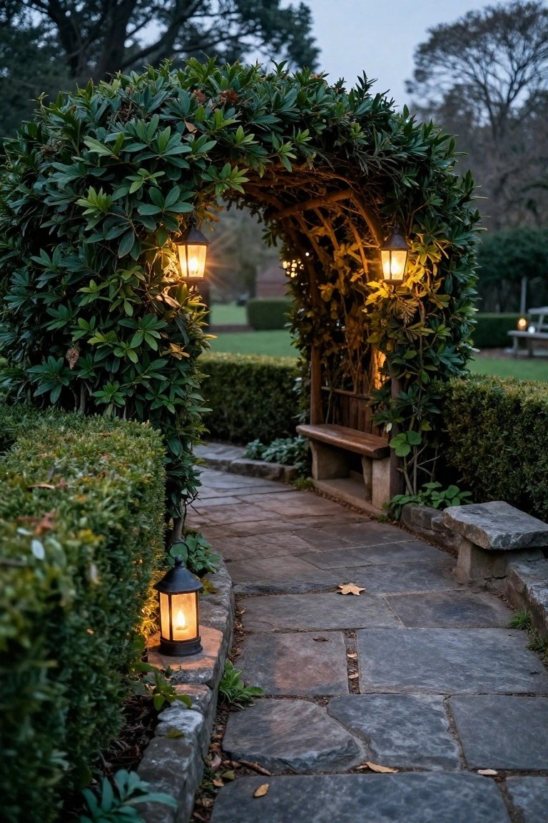 Stone pathway lined with boxwood hedges leading under a wooden arched trellis covered in green foliage, lit by hanging and ground lanterns at dusk with a wooden bench nearby.