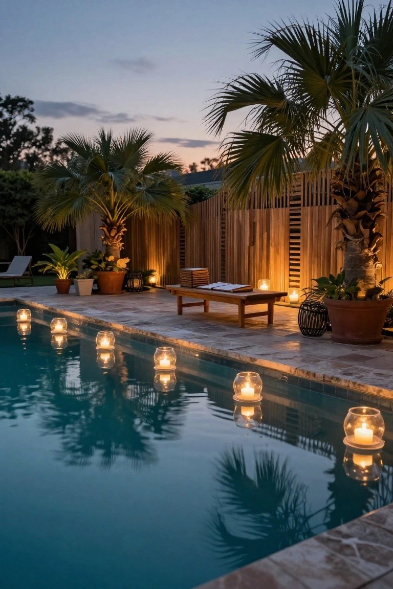 Twilight view of a rectangular pool with multiple glass lanterns holding lit candles placed along the stone pool edge, their reflections visible in the water, surrounded by potted plants, palm trees, a wooden fence, lounge chair, and wooden bench with stacked books.