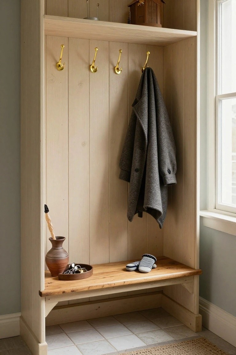 Wooden cabinet with paneling, gold coat hooks holding a gray coat, bench seat with striped baby shoes, terracotta vase with brush, small dish on shelf, in a tiled room with rug.