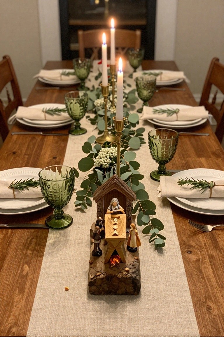 Close-up of a wooden dining table set for Christmas dinner with green glass goblets, white plates and napkins tied with rosemary sprigs, a beige linen runner, eucalyptus garland with baby's breath, gold candlesticks holding white taper candles, and a central nativity scene on a wood base with figures and a small fire.