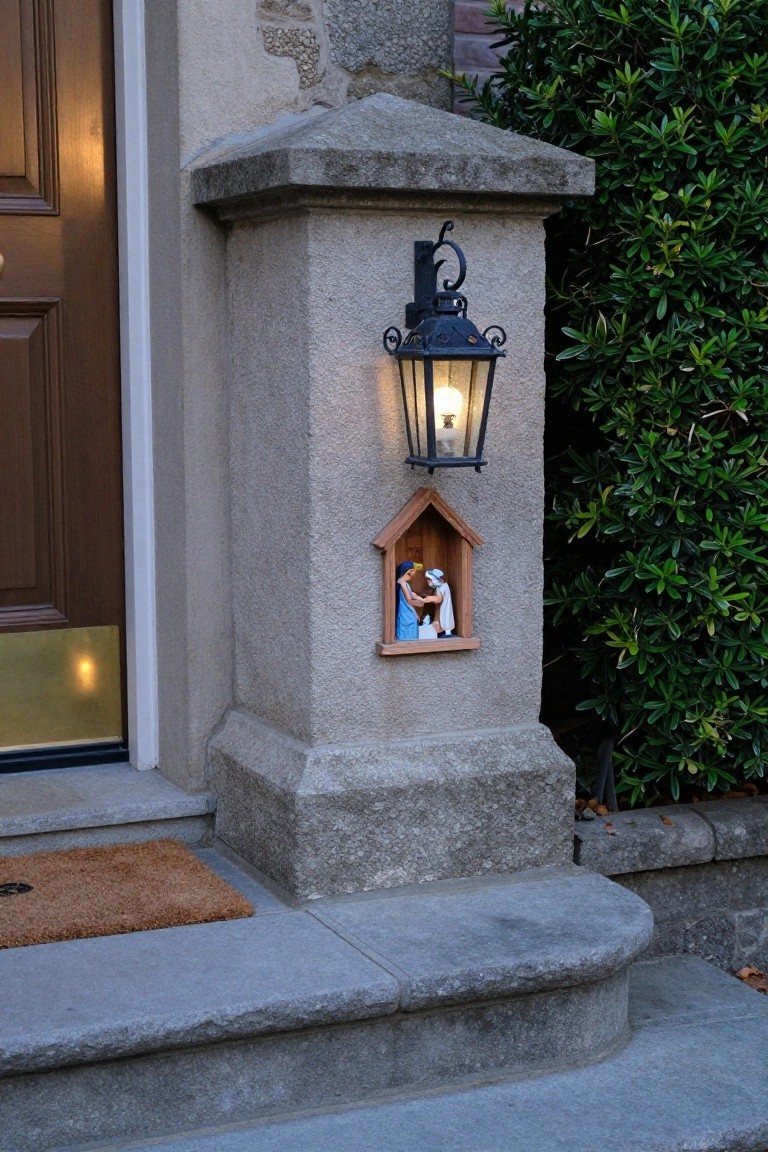 Stone pillar beside a brown front door features a lit black lantern at the top and a small recessed wooden niche below holding nativity figurines of Mary, Joseph, and baby Jesus, with green shrubs to the side and stone steps leading to a doormat.