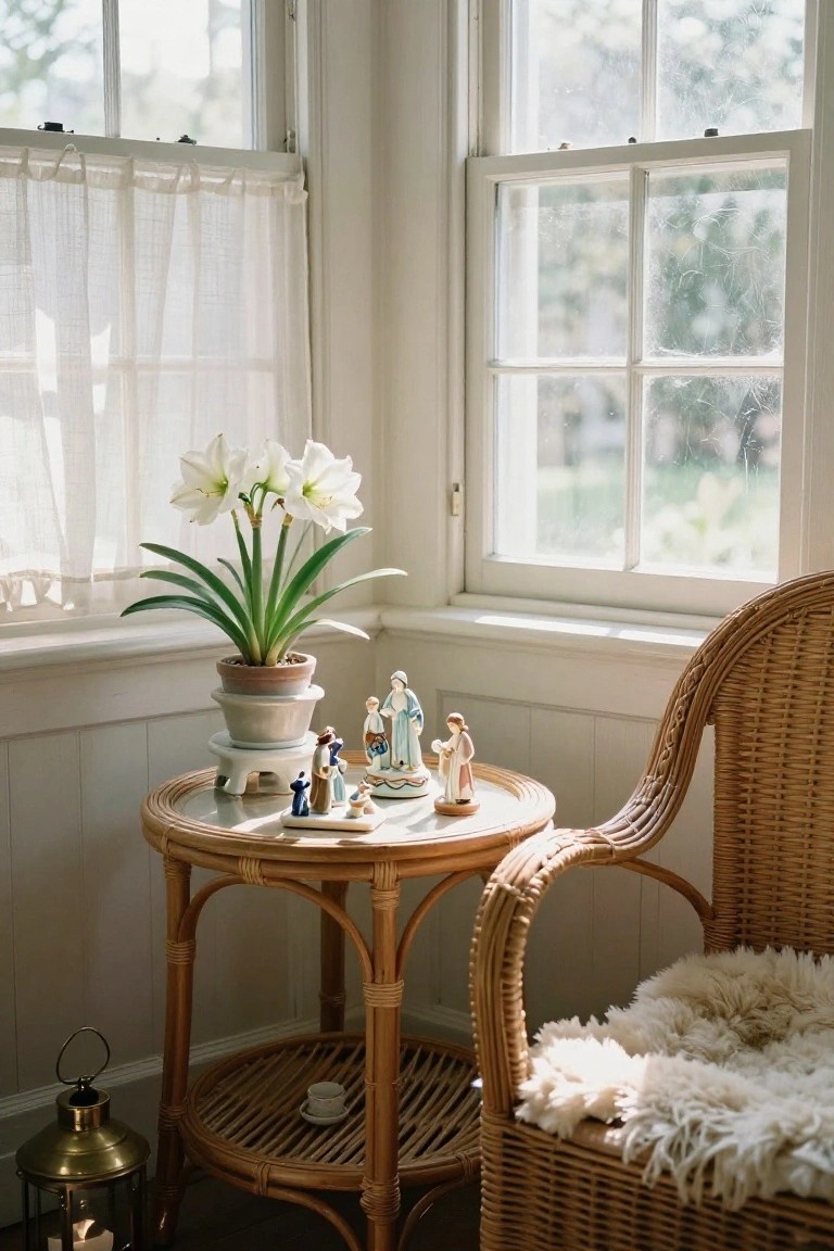 Porcelain nativity scene figurines and a potted white amaryllis on a round glass-topped wicker side table beside a large multipane window in a white room, with a wicker armchair having a white sheepskin and a brass lantern nearby.