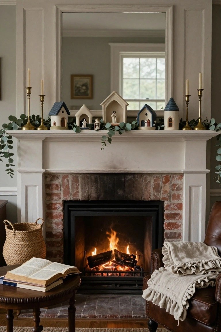 White fireplace mantel with small blue and white houses containing nativity figures, eucalyptus garland, and gold candlesticks with white candles, above a lit brick fireplace with logs burning, next to a leather armchair and side table with an open book.