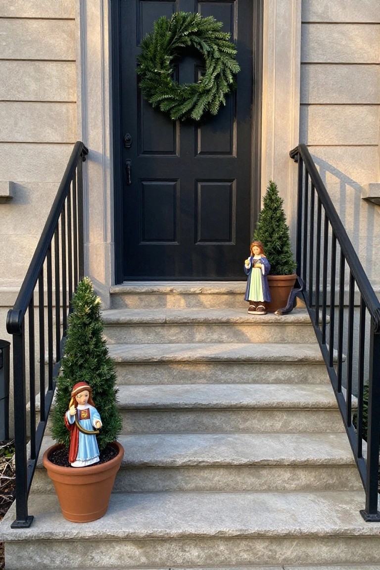 Stone front steps leading to a black door with evergreen wreath, small potted Christmas trees on the lower steps each with a Mary statue beside it, and another Mary statue next to a potted tree on the upper landing beside black metal railings.