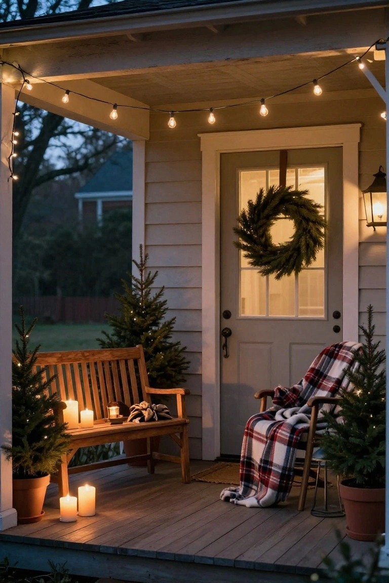 Front porch at dusk featuring overhead string lights, a wooden bench and plaid-blanket-covered rocking chair, potted Christmas trees with lights, floor candles, and a wreath on the gray door.