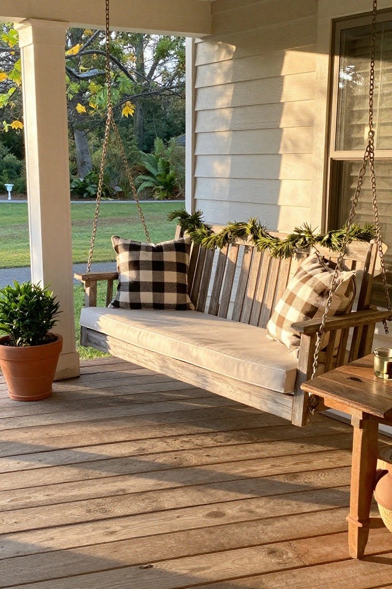 Wooden porch swing with white cushions and black-and-white plaid pillows hanging from chains on a covered porch deck, decorated with green garland along the top and sides, next to potted plants and a small wooden table.