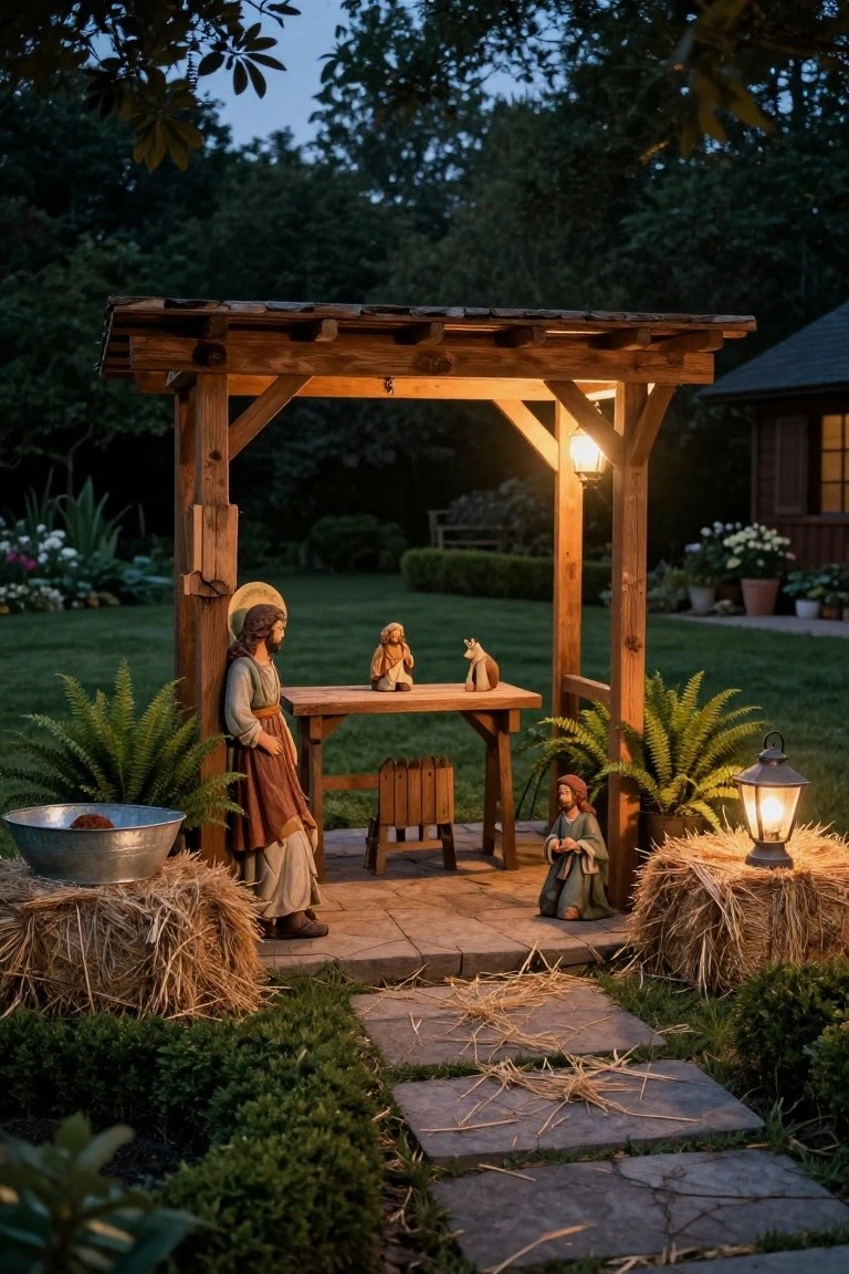 Wooden pergola sheltering nativity figures including Mary, Joseph, baby Jesus, shepherd, donkey, and ox on a table, with ferns, hay bales, lanterns, and garden plantings on a paved patio area at dusk.