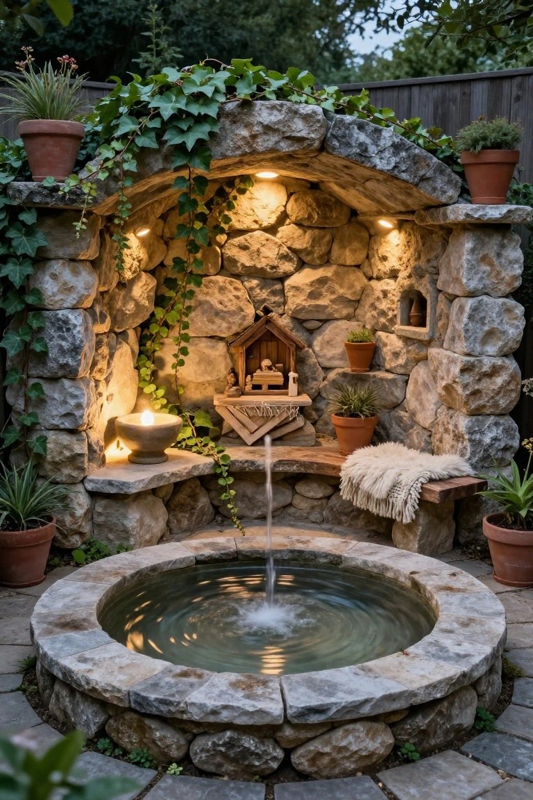 Stone arch alcove in a garden with wooden nativity scene inside, warm spotlights, ivy vines, potted plants, candle, flowing fountain into circular pool, and wooden bench with sheepskin throw.