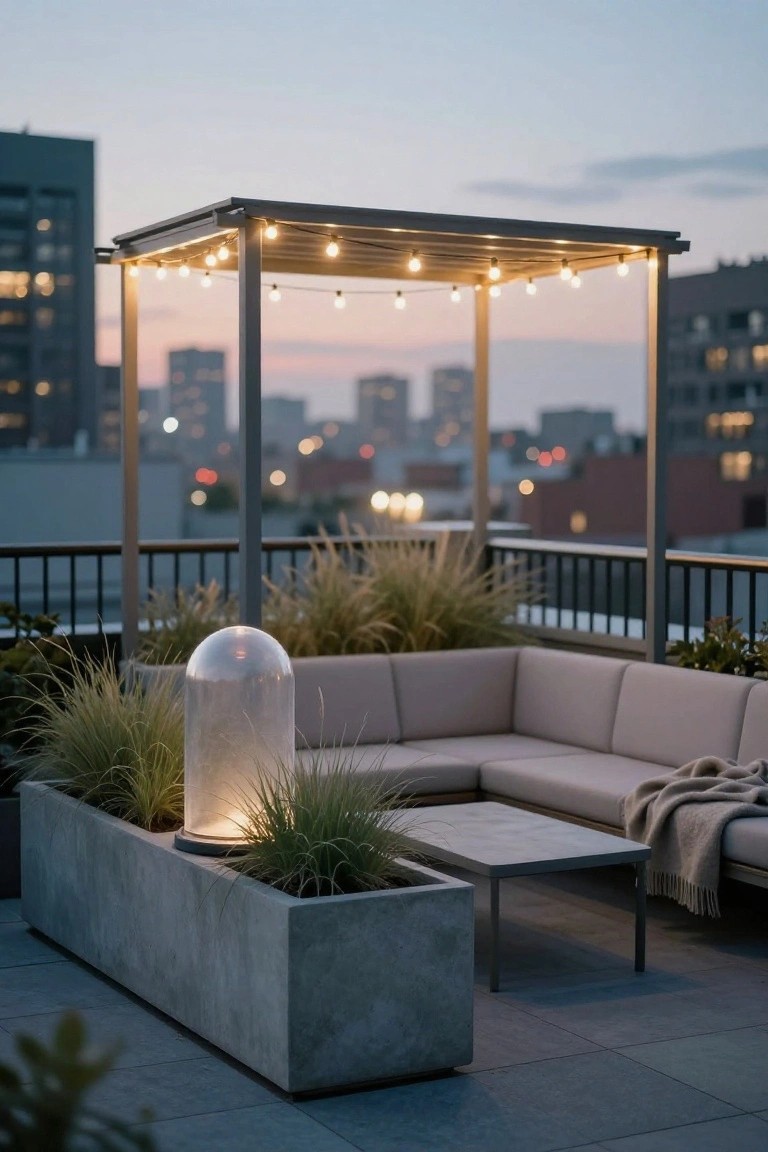 Rooftop terrace at dusk featuring a metal pergola strung with warm white bulb lights over a beige L-shaped outdoor sofa, concrete planter box with tall grasses, a glass dome lamp on the floor, low metal table with throw blanket, and city buildings in the background.