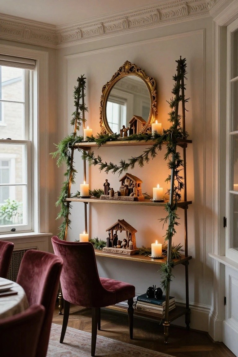 Tiered black metal shelf in a beige dining room corner displaying multiple wooden nativity scenes, lit pillar candles, and draped evergreen garlands, beside maroon velvet chairs and a window.