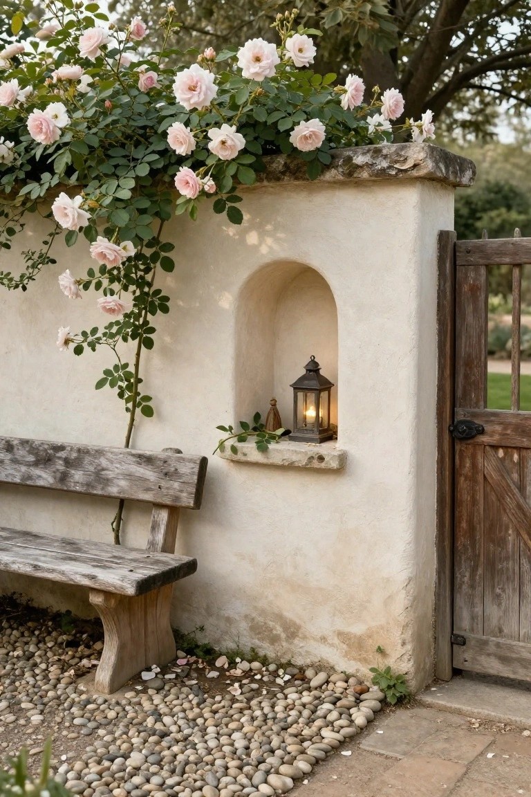 Stucco exterior wall with pink climbing roses, arched niche holding a lit metal lantern and small figurine, weathered wooden bench in front, wooden gate to the side, and gravel ground with scattered pebbles.