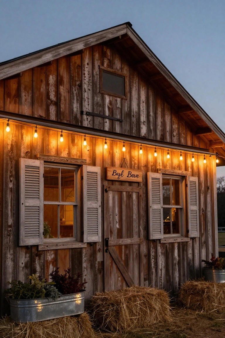 Rustic wooden barn with aged siding, shuttered windows and double doors, "Basil Bove" sign, warm string lights along the eaves, metal trough with plants, and hay bales out front at dusk.