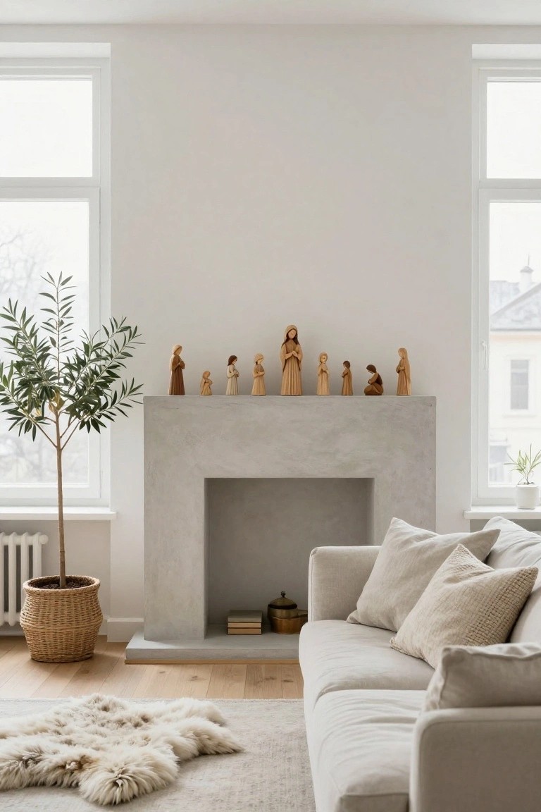 Minimalist living room featuring wooden nativity figures on a concrete fireplace mantel, olive tree in a woven basket nearby, beige sofa with pillows, books and brass container on mantel, sheepskin rug on light oak floor.