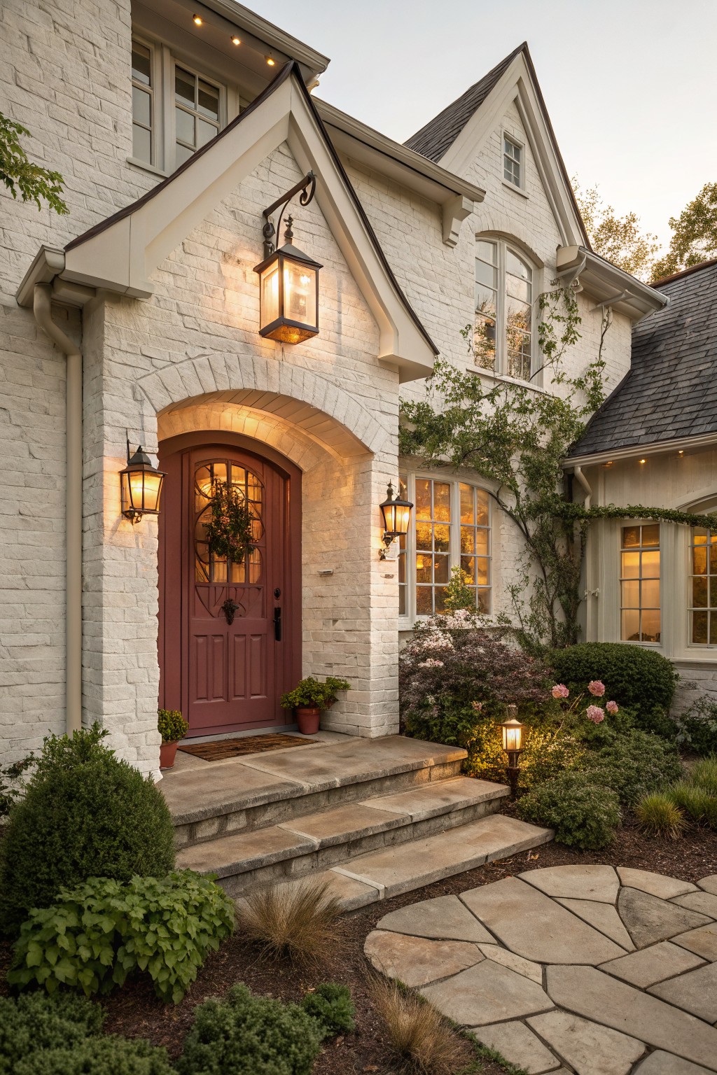 White brick house facade with gabled roofs, an arched entry featuring a red wood door with glass panels and wreath, flanked by lanterns, stone steps, and low surrounding shrubs and plants.