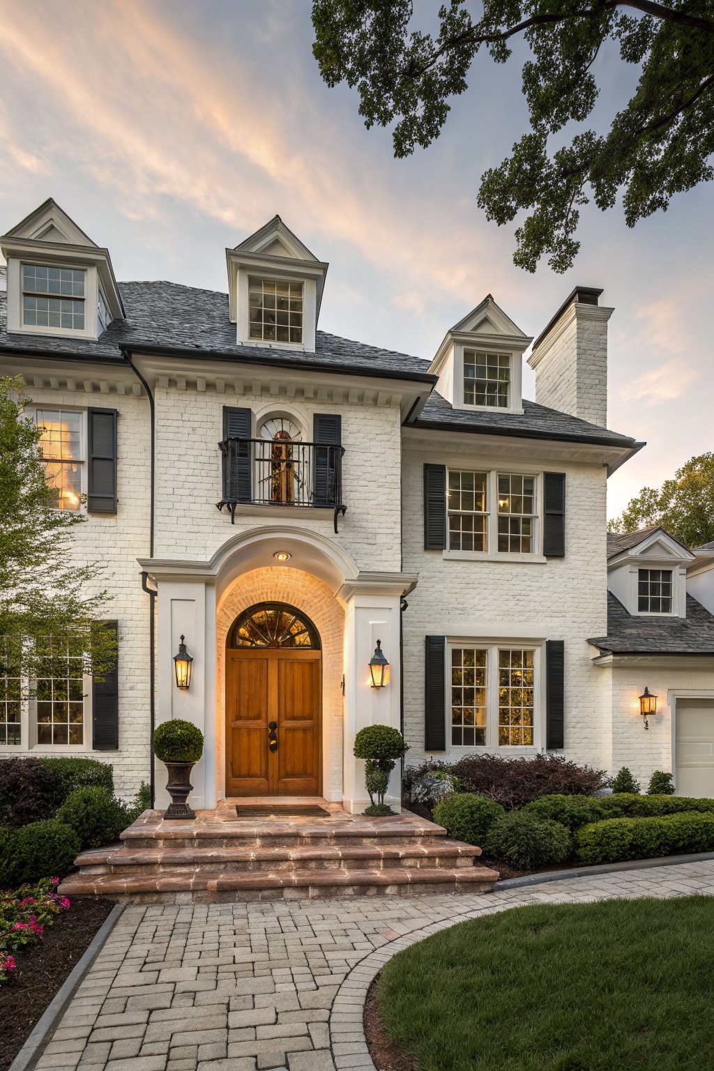 A two-story white brick house with black shutters, slate roof, dormer windows, a second-floor balcony, and a centered arched portico entry with double wooden doors flanked by lanterns, surrounded by landscaping and a curved brick pathway at sunset.