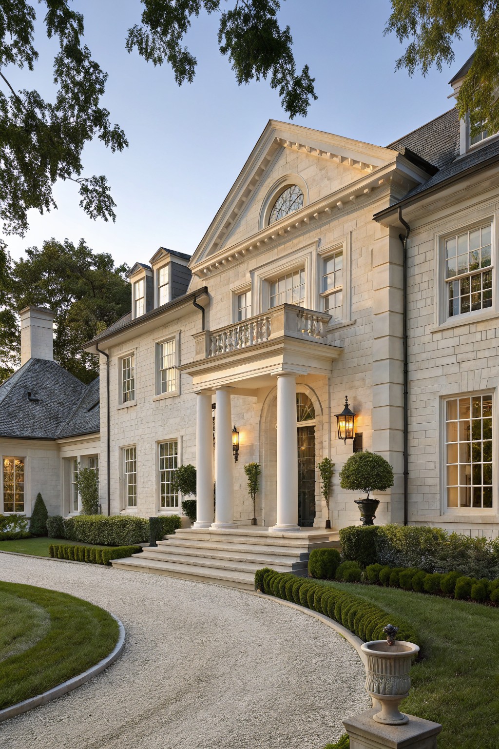 A two-story white brick house with a grand pedimented portico supported by four fluted columns and lanterns, wide stone steps leading to the entrance, flanked by manicured boxwood hedges and a curved gravel driveway edged in grass.