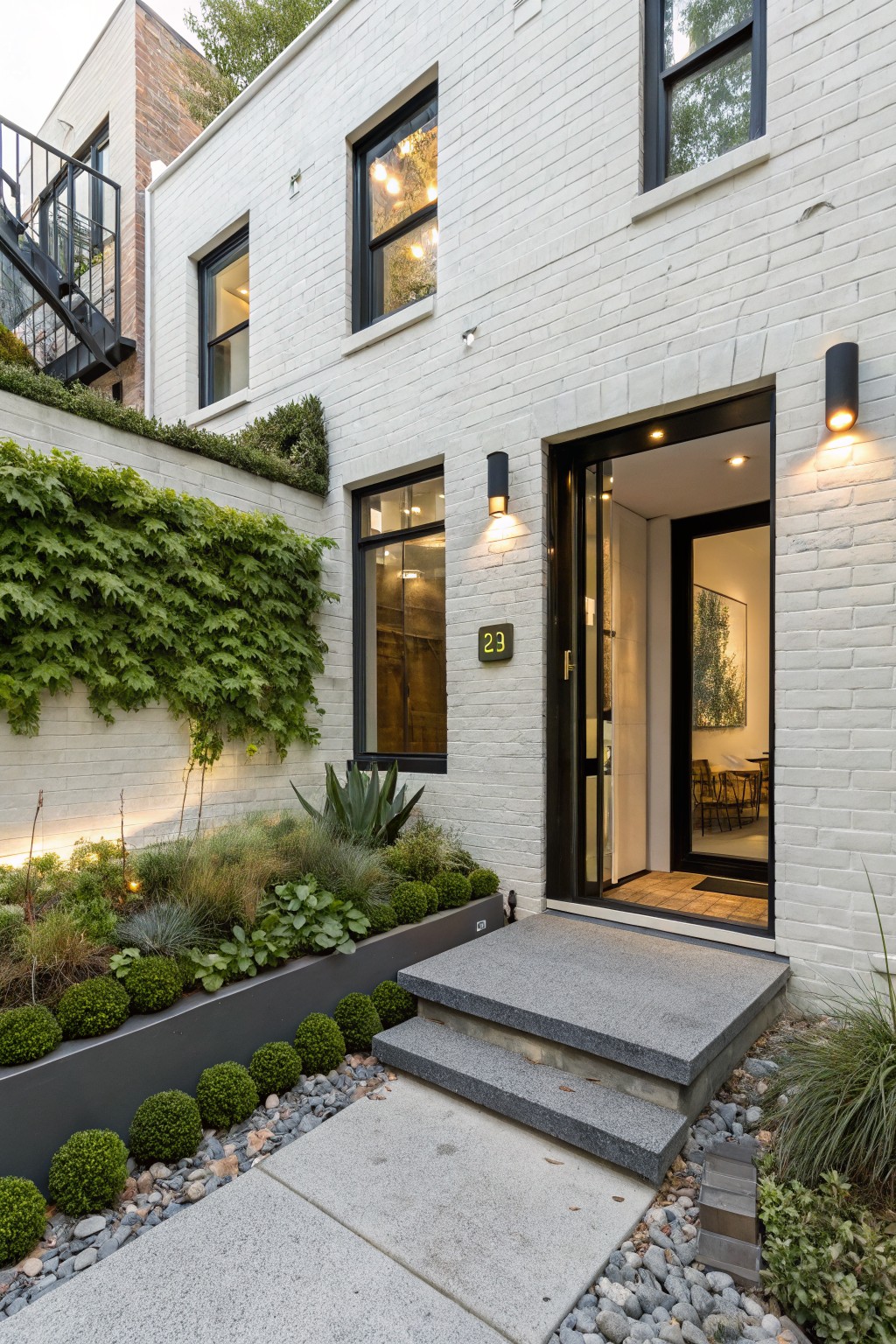 White brick house facade with climbing ivy on the left wall, black-framed glass door and windows, number 23 plaque, front steps leading to gravel path surrounded by low planting beds and boxwood spheres.