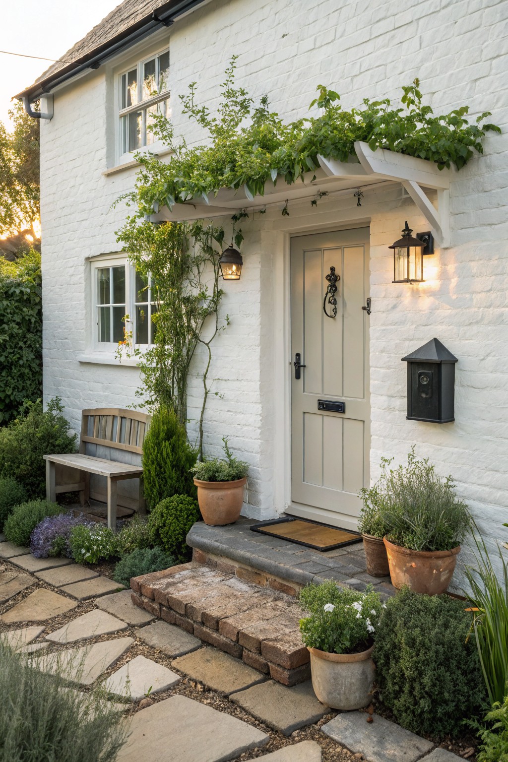 White brick cottage exterior with a light gray front door under a wooden trellis covered in green climbing vines, flanked by black metal lanterns, a wooden bench, potted plants, and a stone pathway leading to brick steps.