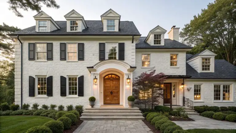 A two-story white brick house with black shutters, slate roof, dormer windows, a second-floor balcony, and a centered arched portico entry with double wooden doors flanked by lanterns, surrounded by landscaping and a curved brick pathway at sunset.