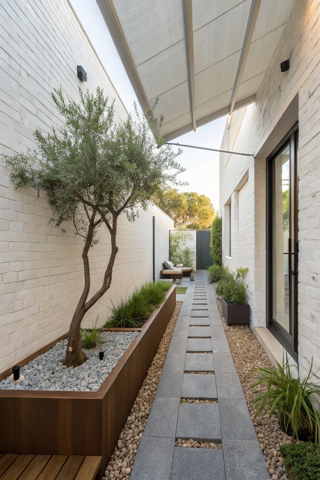 Narrow outdoor walkway between tall white brick walls with a gravel surface and inset rectangular gray stone pavers, lined by a raised wooden planter containing an olive tree and grasses, under a fabric-covered metal pergola, leading to a black-framed glass door.