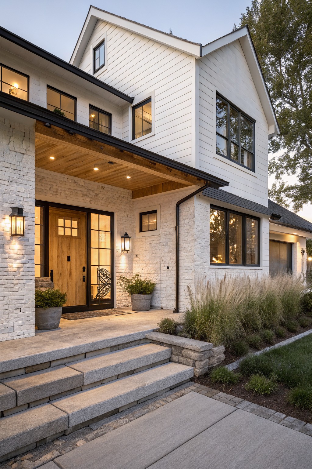 Two-story house exterior with white brick base on the left side and foundation, white board-and-batten siding on upper levels, black metal-framed windows and double doors, covered front porch with exposed wood beam ceiling and recessed lights, stone steps, potted plants, and ornamental grasses beside a concrete walkway.