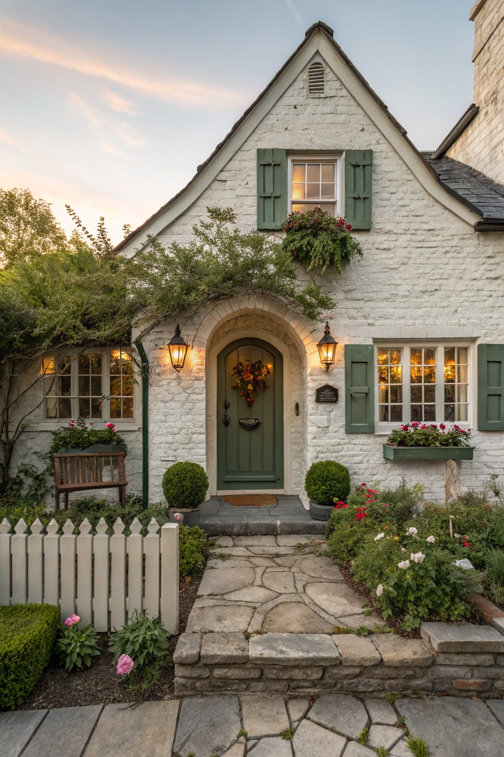 White brick house exterior featuring an arched green front door with wreath, green shutters on windows, lanterns, climbing vines, flower boxes, boxwood shrubs, and a white picket fence leading to a stone pathway at dusk.
